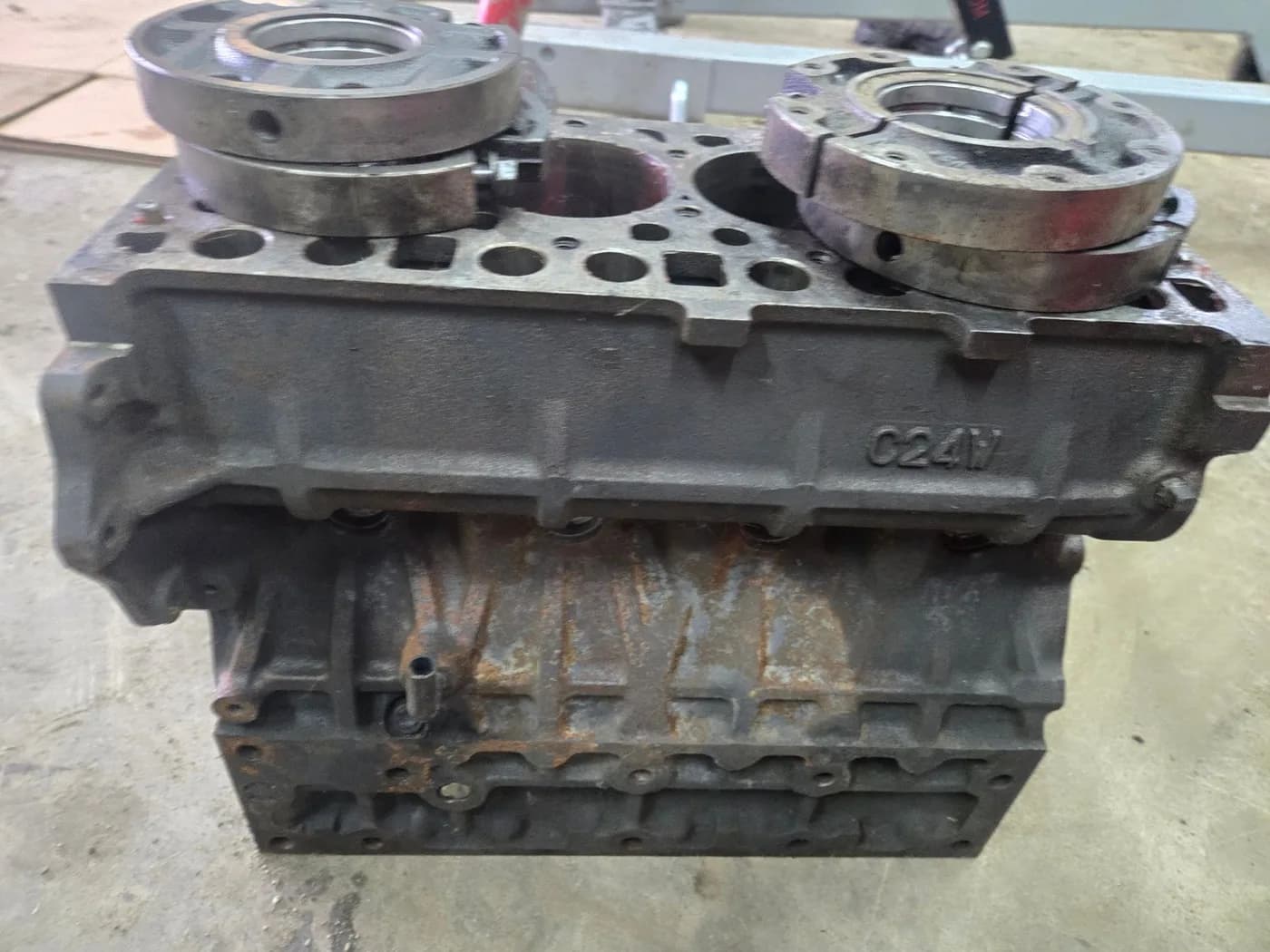 Stripped and cleaned Kubota V2403 cylinder block ready for measuring