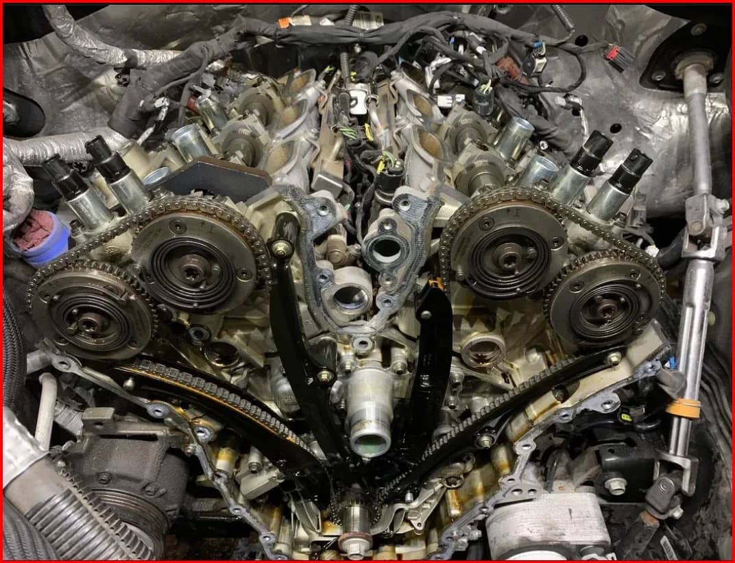 Stretched Ford 3.5 EcoBoost timing chain and cam phasers on the bench